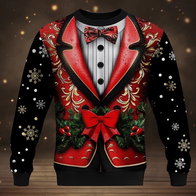 Ugly Christmas Sweater Men's Bowknot Snowflake Pullover Sweater Jumper Crewneck Casual Party Evening Wear New Years Eve Sweater Knitting Thermal Long Sleeve Fall Winter Black