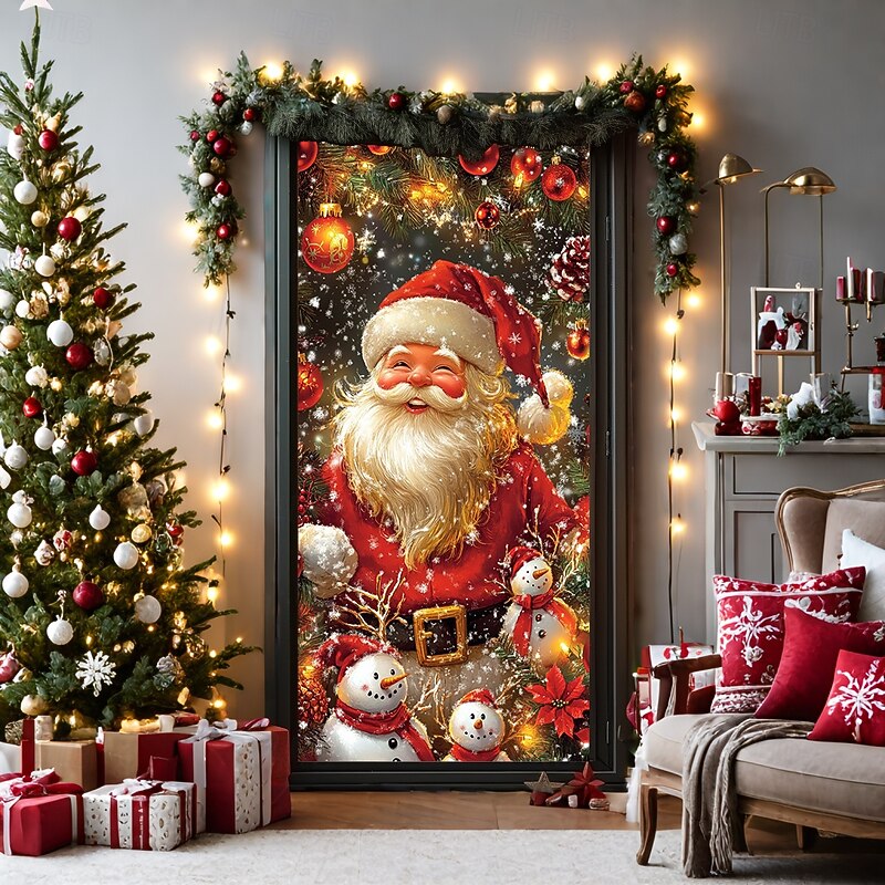 Christmas Door Decorations Door Covers Xmas Santa Snowman Ornaments Door Tapestry Door Curtain Decoration Backdrop Indoor/Outdoor Door Banner for Front Door Farmhouse4