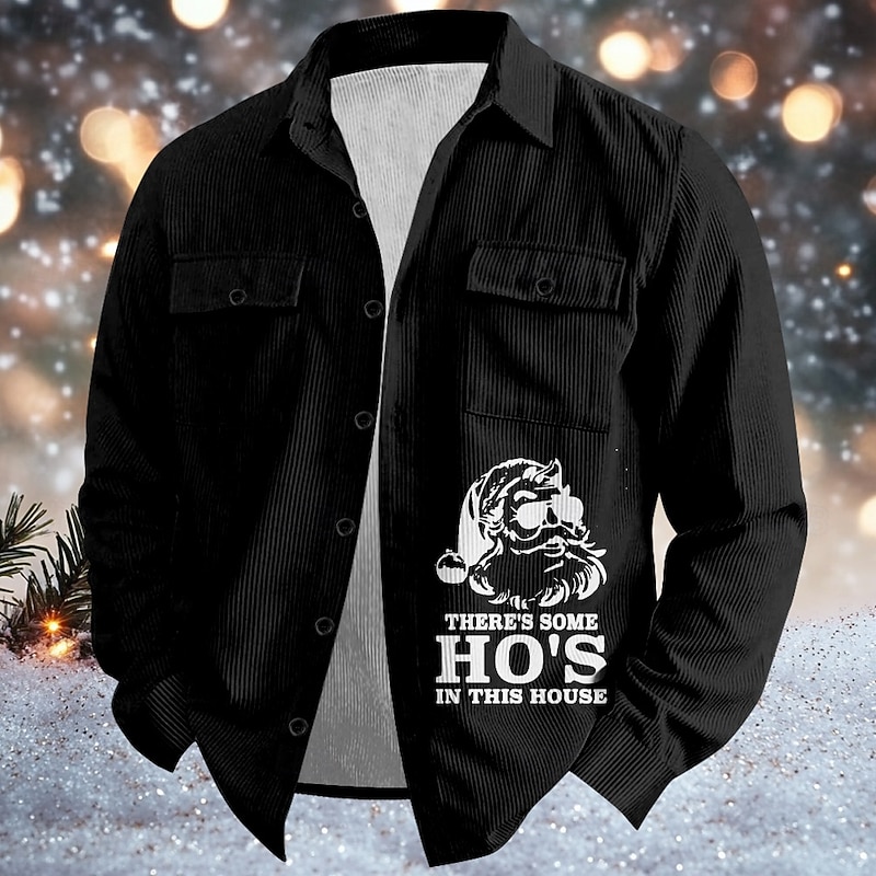 Christmas Men's Santa Claus Corduroy Shirt Shirt Jacket Long Sleeve Vintage Casual Outdoor Event / Party Dailywear Fall & Winter Turndown Collared Shirts Button 3D Print 2 Pockets 1pc Violet Black