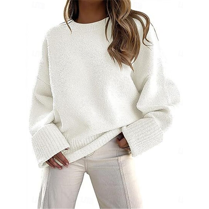 Women's Sweater Pullover Sweater Jumper Casual Soft Pure Color Ribbed Crew Neck Knitted Long Sleeve Regular Tops Knit Outdoor Daily Weekend Black White Fall Winter4