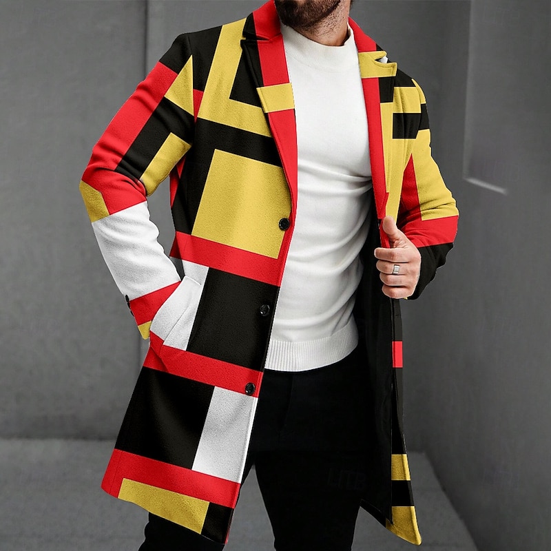 Men's Geometric Winter Coat Fleece Jacket Overcoat Thermal Comfortable Casual Party Evening Wear Daily Wear 3D Print Buttons Front Pocket Winter Turndown Long Sleeve Red Blue Green2