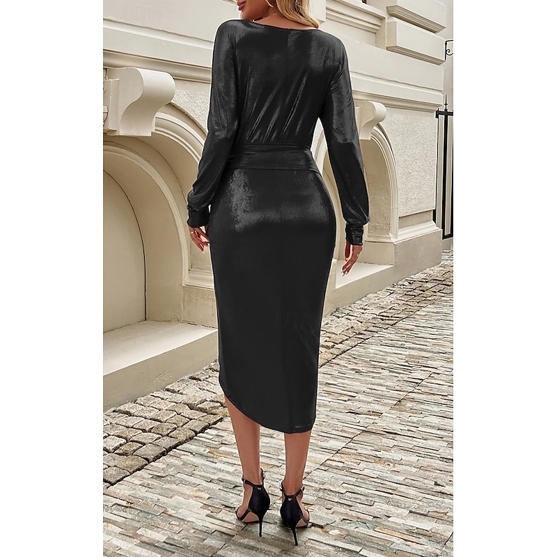 Women's Work Dress Black Dress Elegant Mini Dress Split V Neck Long Sleeve Plain Loose Fit Black Spring Fall S M L XL2