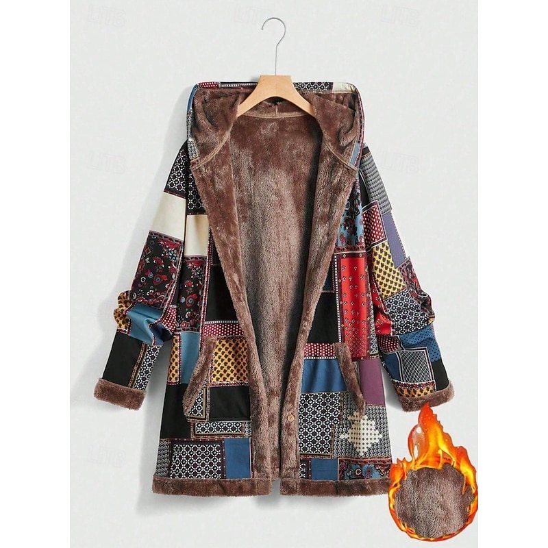 Women's Winter Coat Hoodie Jacket Outdoor Street Daily Wear Fall Winter Long Coat Regular Fit Thermal Warm Breathable Stylish Casual Jacket Long Sleeve Stripes and Plaid with Pockets Full Zip Red