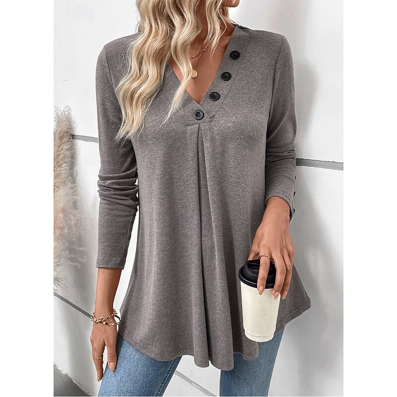 Women's Tunic Long Sleeve V Neck Buttons Gray Spring Fall Winter4