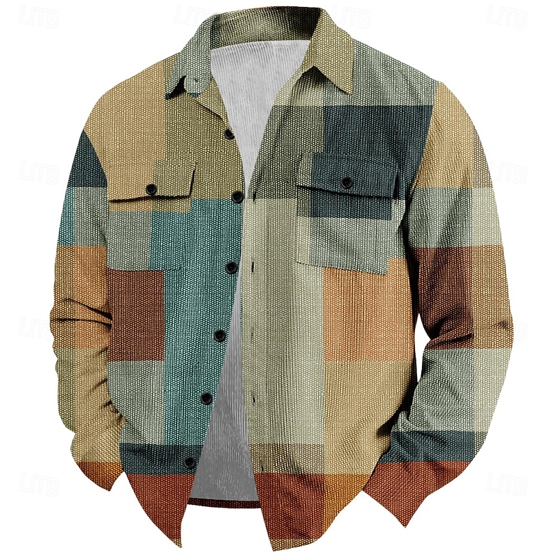 Men's Plaid Geometric Pattern Corduroy Shirt Shirt Jacket Overshirt Long Sleeve Vintage Business Casual Formal Outdoor Dailywear Fall & Winter Turndown Collared Shirts Buttons 3D Print 2 Pockets 1pc