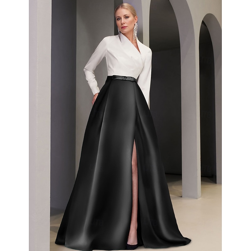 A-Line Evening Gown Elegant Dress Formal Floor Length Long Sleeve Scalloped Neckline Pocket Satin with Slit Pocket
