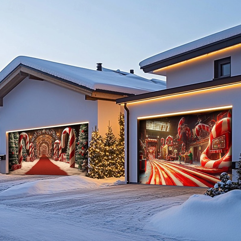 Christmas Door Decorations Garage Door Cover Xmas Candy Canes Gifts Gingerbread Outdoor Banner Large Christmas Backdrop for Holiday Outdoor Garage Door Home Wall Decorations 26