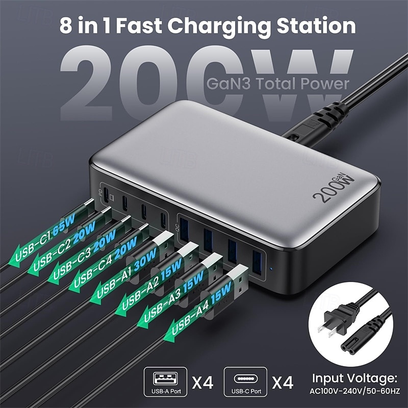 200W USB C Charger Block GaN 8-Port USB C Fast Charging Station PPS PD 65W Laptop Charger Adapter