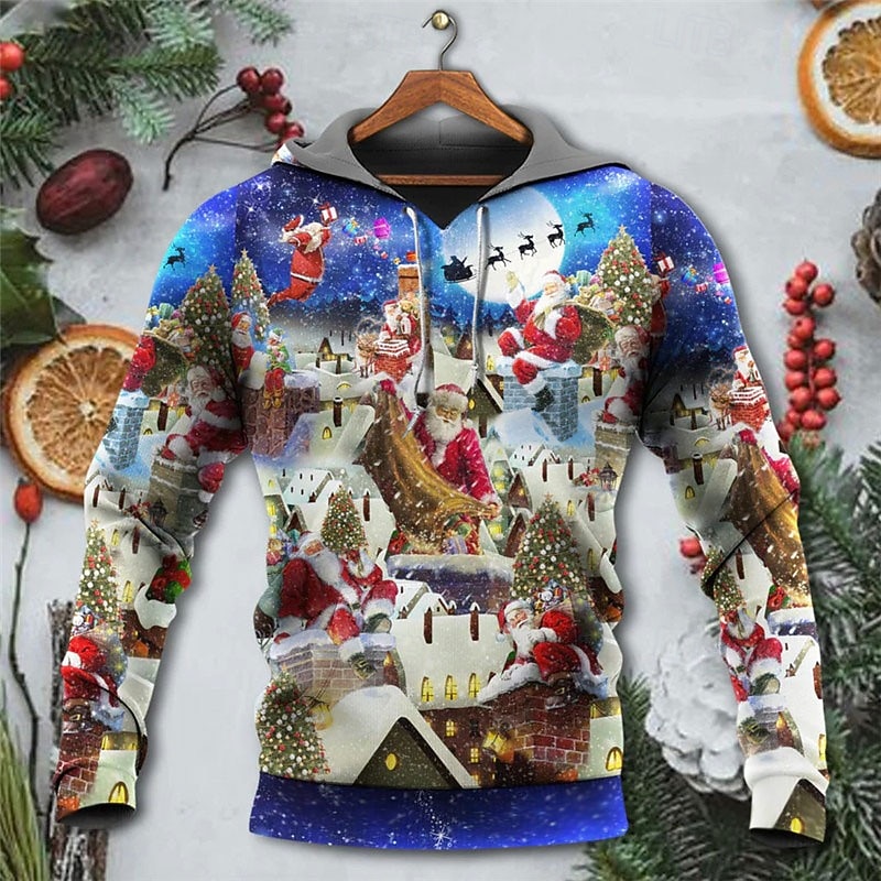Christmas Men's Christmas Scene 3D Hoodies Graphic Pullover Blue Light Hooded Santa Claus Prints Ugly Cotton3