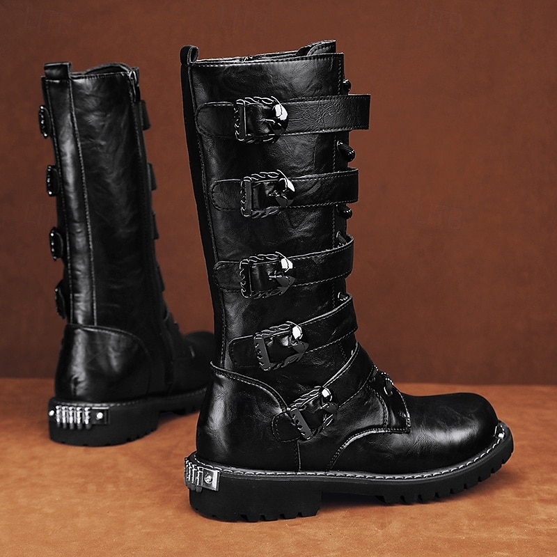 Men's Black Steampunk Motorcycle Boots with Buckle Straps and Rugged Non-Slip Sole - Ideal for Biker Fashion or Gothic Events3