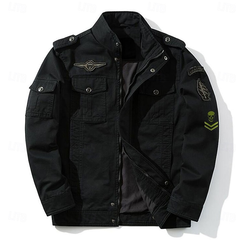 Men's Cotton Embroidered Military Jacket Cargo Jacket with Shoulder Straps Long Sleeve Standing Collar Multi-Pockets Coat Trucker Jacket Skull Print Tactical Outerwear3