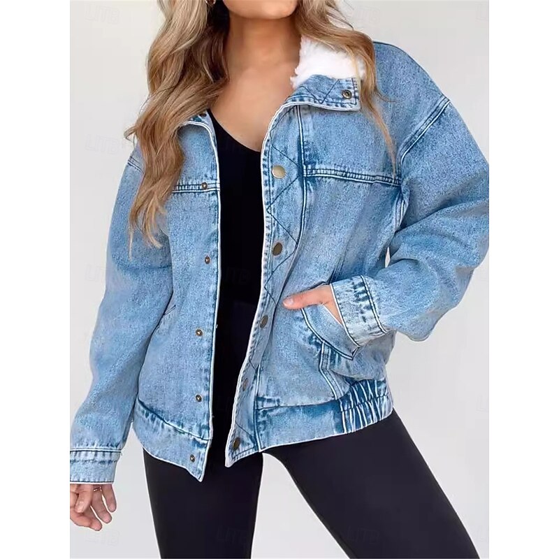 Women's Denim Jacket Outdoor Street Daily Wear Fall Winter Regular Coat Regular Fit Thermal Warm Breathable Stylish Casual Jacket Long Sleeve Solid Color with Pockets Fur Collar Blue