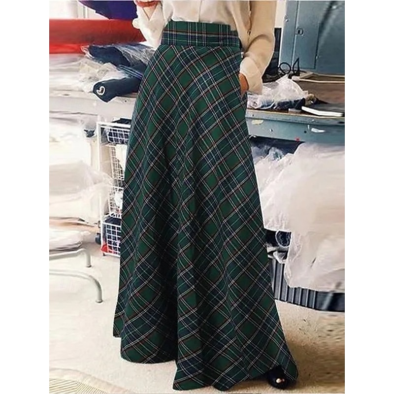 Women's Skirt A Line Maxi Skirts Pocket Print Plaid Street Daily Winter Fashion Casual Black Red Green2
