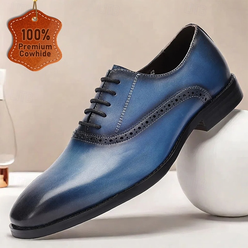 Men's Gradient Blue Oxford Shoes with Brogue Detailing - Premium Cowhide Leather Dress Shoes for Business & Formal Occasions