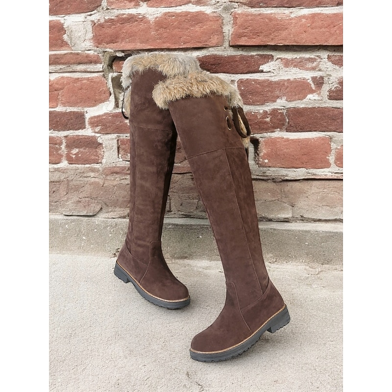 Women's Over-the-Knee Brown Faux Suede Boots with Faux Fur Trim – Cozy and Stylish Winter Footwear for Extra Warmth2