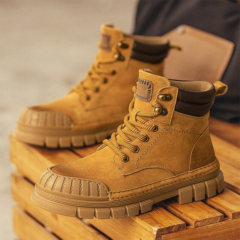Men's Boots Work Boots Premium Leather Comfortable Slip Resistant Lace-up Yellow Khaki4