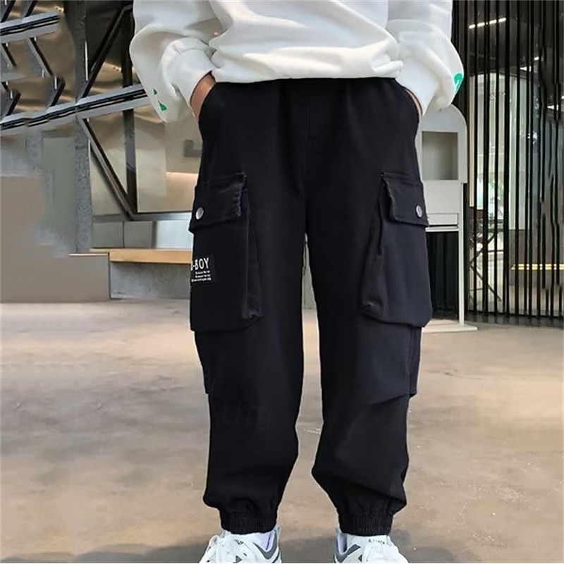 Kids Boys Pants Cargo Pants Trousers Patchwork Pocket Solid Color Breathable Soft Comfort Pants Outdoor Daily Basic Black Khaki Mid Waist3