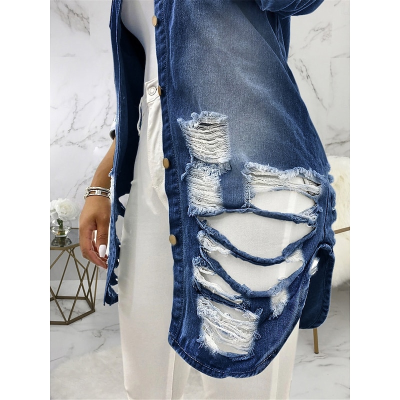 Women's Denim Jacket Outdoor Street Daily Wear Fall Winter Regular Coat Regular Fit Thermal Warm Breathable Stylish Casual Jacket Long Sleeve Solid Color with Pockets Light Blue Black Navy Blue3