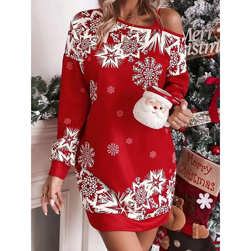 snowflake Dress Hoodie Women's Cute Off Shoulder Adults Christmas New Year Christmas Eve Christmas Party Dress2