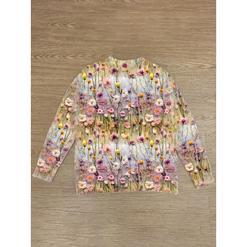 Women's Cardigan Sweater Knitted Ribbed Button Front Round Neck Long Sleeve Lightweight female Daily Floral Graphic Crew Neck Print Regular Tops Knit Weekend Yellow Fall Winter2