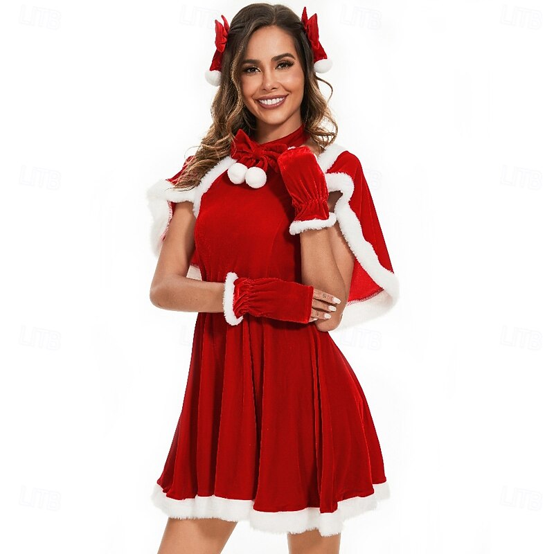 Santa Suit Santa Claus Mrs.Claus Christmas Dress Santa Clothes Sexy Costumes Santa Hat Women's Sexy Cosplay Costume Adults Christmas Masquerade Christmas Party Dress Headpiece Gloves Cape3