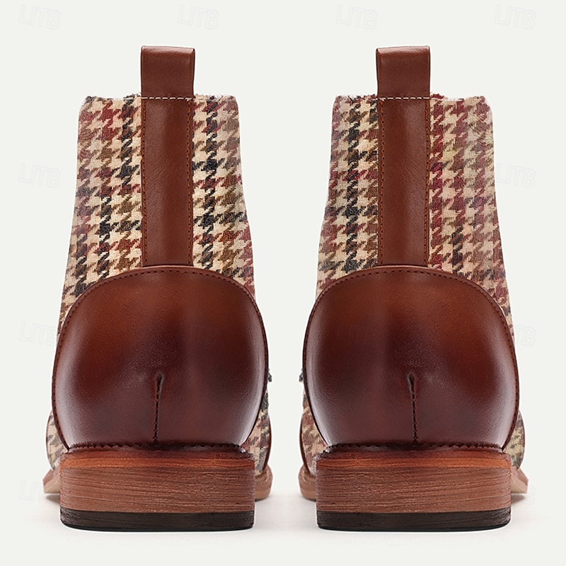Men's Houndstooth Lace-Up Ankle Boots - Brown and Red Checkered Pattern, Brown Faux Leather Accents, Perfect for Vintage and Casual Style 6
