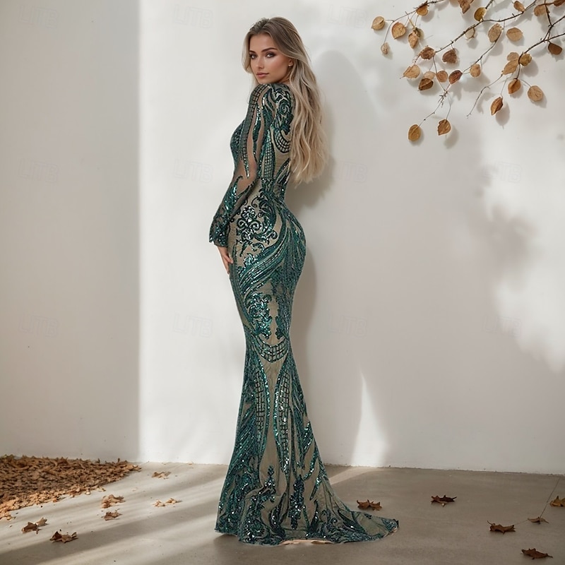 A-Line Evening Gown  Satin Elegant Dress Formal Floor Length Long Sleeve Boat Neck Detachable with Floral Print Slit Appliques3