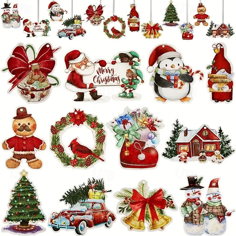 24pcs Wooden Christmas Ornaments, Versatile Holiday Decorations for Trees, Thanksgiving, and Halloween, Featuring Santa Claus, Snowman, and Gingerbread Designs, Rustic Hangings for Festive Home Décor