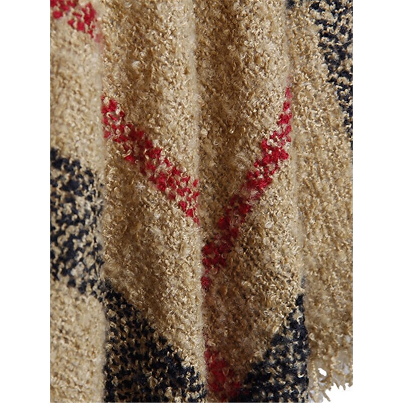 Women's Shrug Casual Soft Plaid Ribbed Turtleneck Tassel Knitted Long Sleeve Regular Tops Knit Outdoor Daily Weekend White Red Fall Winter4