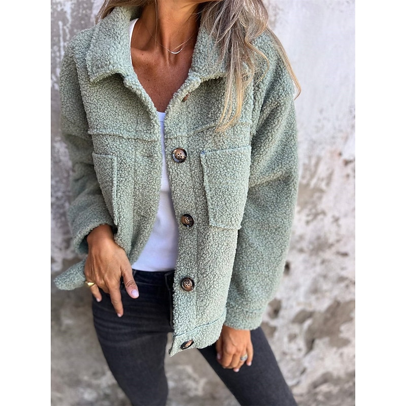 Women's Fleece Jacket Teddy Coat Warm Breathable Buttons Pocket Fleece Lined Casual Plain Vacation Street Daily Wear Going out Single Breasted Short Lapel Regular Fit Long Sleeve Outerwear Yellow4