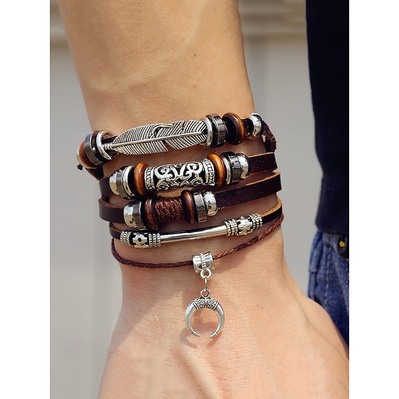 Men's Boho Multi-Layer Leather Bracelet with Feather and Crescent Moon Charm – Vintage-Inspired Adjustable Wrap Bracelet for Casual Style2