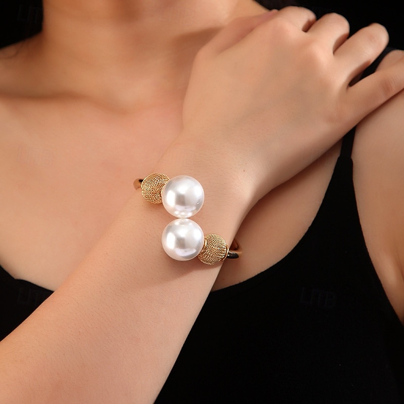 Gold Open Cuff Bracelet with Faux Pearls - Elegant and Modern Fashion Jewelry for Women4
