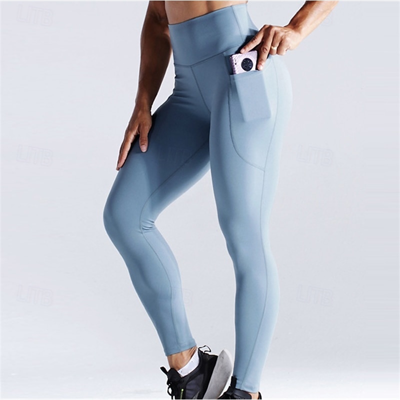 Women's Yoga Pants Yoga Leggings Side Pockets Butt Lift Tummy Control High Waist Pilates Gym Workout Workout Tights Solid Color Black Light Green Light Purple Spandex Fall Sports Activewear Stretchy