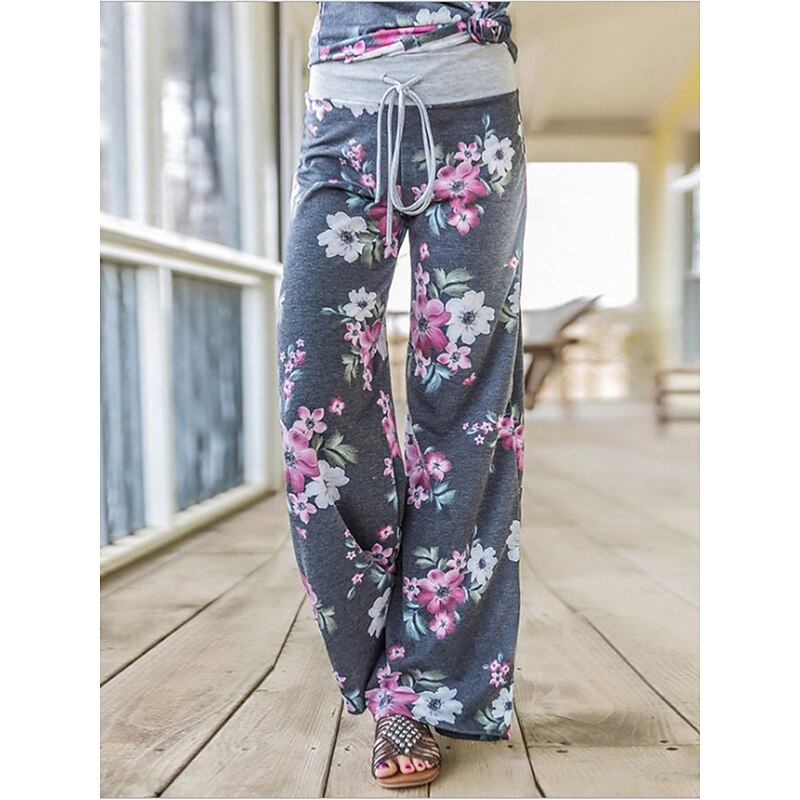 Women's Wide Leg Chinos Fashion Streetwear Full Length High Waist Floral Pocket Elastic Waistband Printing Comfy Soft Comfortable Micro-elastic Outdoor Street Black Blue Gray Spring &  Fall Regular3