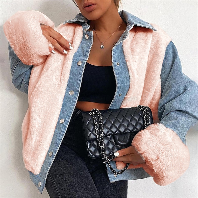 Women's Sherpa Jacket Denim Jacket Outdoor Street Daily Wear Fall Winter Regular Coat Regular Fit Thermal Warm Breathable Stylish Casual Jacket Long Sleeve Solid Color with Pockets Faux Fur Trim