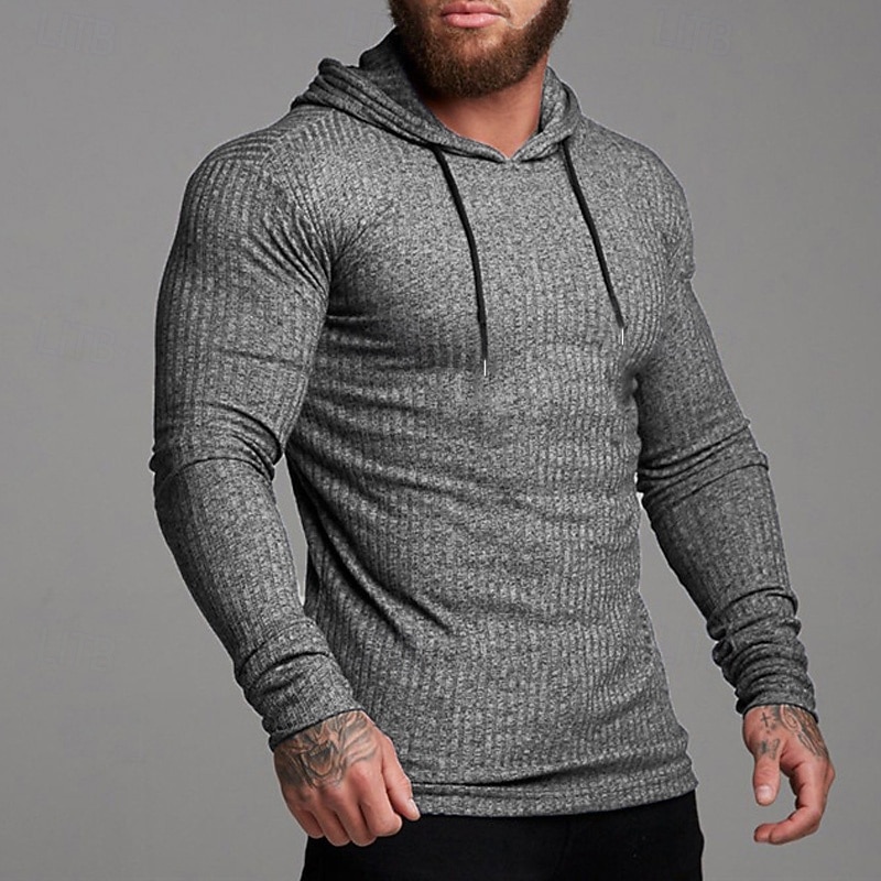 Men's T Shirt Muscle Shirt Ribbed Knit tee Long Sleeve Shirt Long Sleeve Hooded Summer Striped Fashion Streetwear Cool Hooded Training Outdoor Black White Grey Top Tee for Men3