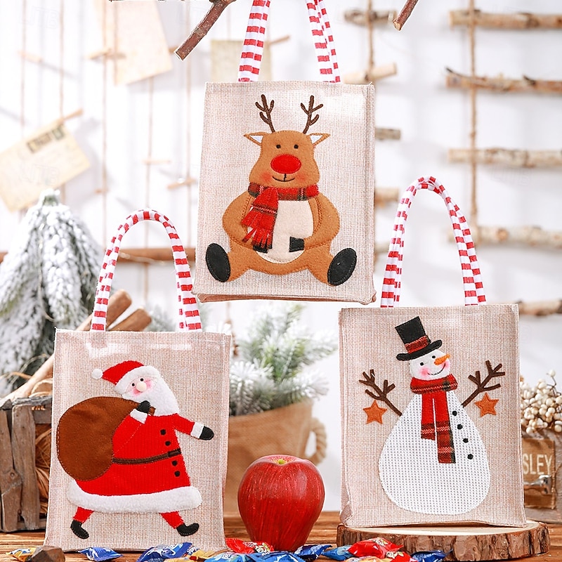 Christmas Gift Bags, Burlap 3D Embroidered Tote Bags for Kids, Candy Bags and Storage Pouches for Holiday Decorations