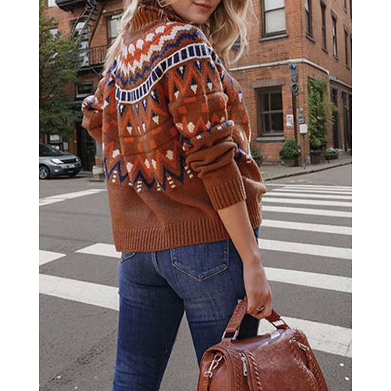 Women's Faire Isle Sweater Turtleneck Knit Knitted Fall Winter Weekend Vintage Fashion Streetwear Long Sleeve Geometric Black White3