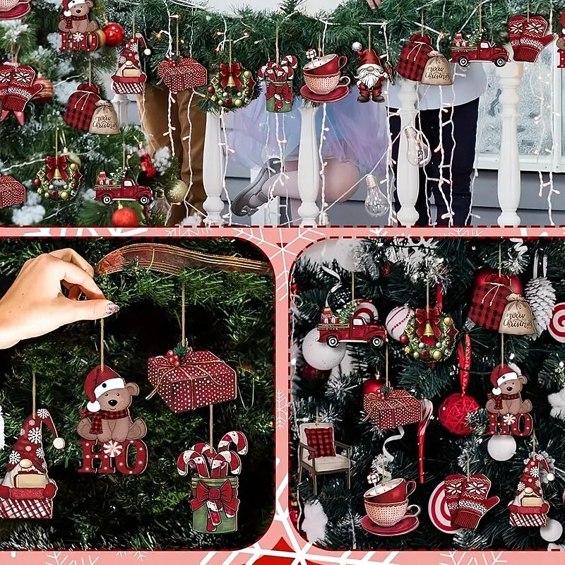 24pcs Vintage Christmas Wooden Ornaments, Colorful Hanging Peppermint Tree Decorations, Perfect for Christmas2