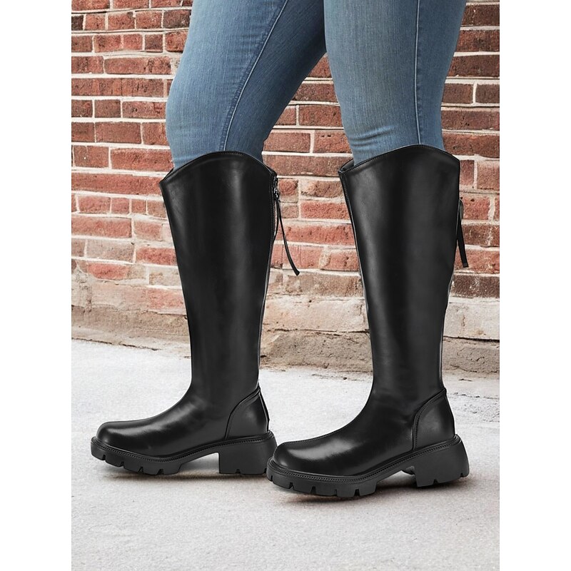 Women's Extra Wide Calf Knee-High Boots – Comfortable Black Faux Leather with Rugged Sole, Perfect for Outdoor Adventures and Everyday Wear4