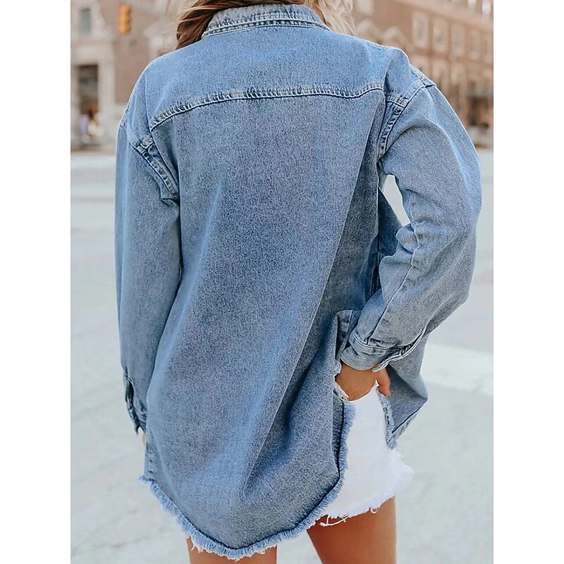 Women's Denim Jacket Outdoor Adjustable Plain Casual / Daily Stylish Regular Fit Outerwear Long Sleeve Fall Blue S3