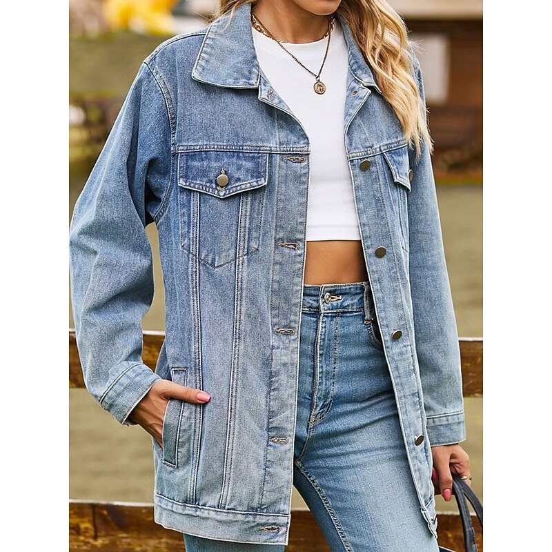 Women's Denim Jacket Outdoor Street Daily Wear Fall Winter Regular Coat Regular Fit Thermal Warm Breathable Stylish Casual Jacket Long Sleeve Solid Color with Pockets Light Blue Black Pink4