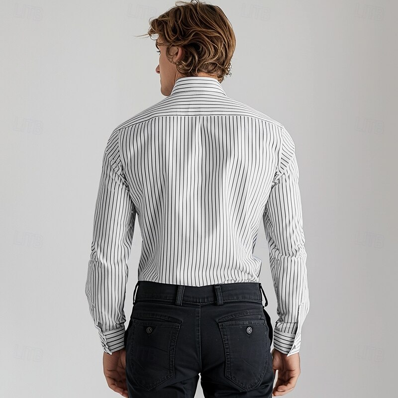 Men's Cotton Black Long Sleeve Striped Fold-over Collar School Formal Clothing Apparel Elegant Active Vacation Vintage2
