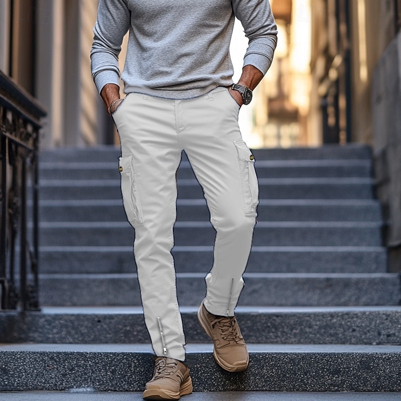 Men's Cargo Pants Trousers Casual Pants Zipper Pocket Plain Comfort Breathable Full Length Casual Daily Holiday Fashion Streetwear Black White Micro-elastic