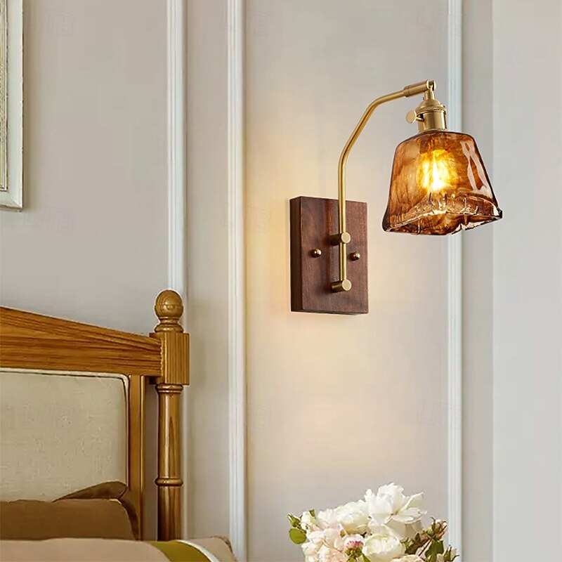 Wall Lamp Wall Light Bracket Light Brass Wood Wall Mounting LED Bulb Amber Glass Wall Light 110-240V3