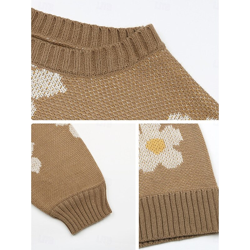 Women's Sweater Pullover Sweater Jumper Casual Soft Floral Ribbed Crew Neck Pocket Knitted Long Sleeve Regular Tops Knit Outdoor Daily Weekend Blue Green Fall Winter2