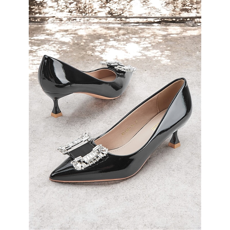 Women's Black Patent Leather Pumps with Crystal Embellished Bow – Elegant Pointed-Toe Kitten Heels for Formal Events and Evening Wear