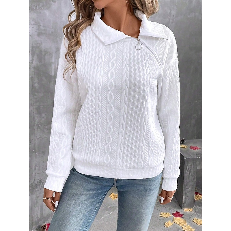 Women's Shirt Blouse Solid Color Basic Casual Long Sleeve Shirt Collar Regular Tops Daily Zipper White Fall Winter2
