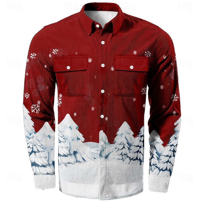 Christmas Men's Christmas Scene Printed Shirts Snowflake Fashion Casual Corduroy ShirJacket Long Sleeve Party Evening Dailywear Festival Fall & Winter Turndown Collared Shirts Button 3D Print 2