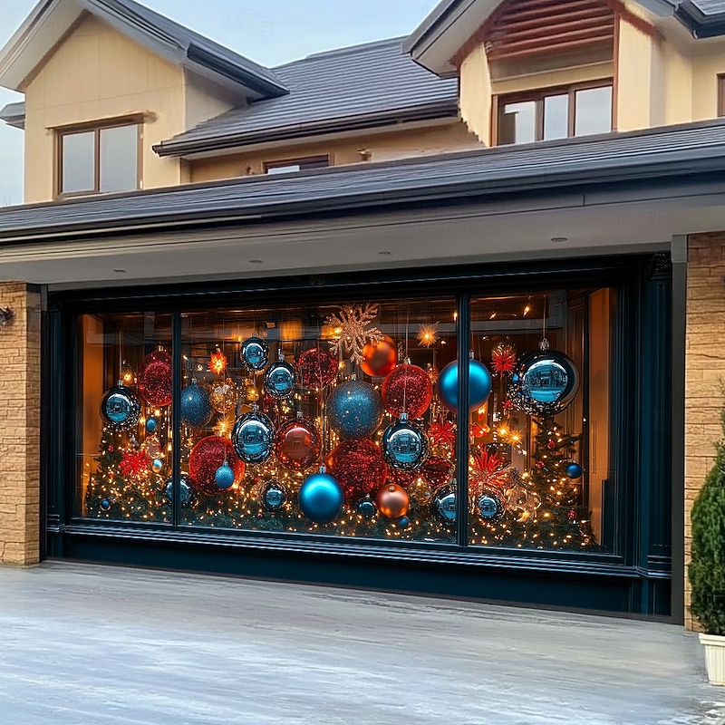 Christmas Door Decorations Garage Door Cover Santa Snowman Jingle Bell Xmas Outdoor Banner Large Backdrop for Holiday Home Wall Gifts Snow Village Christmas Tree3